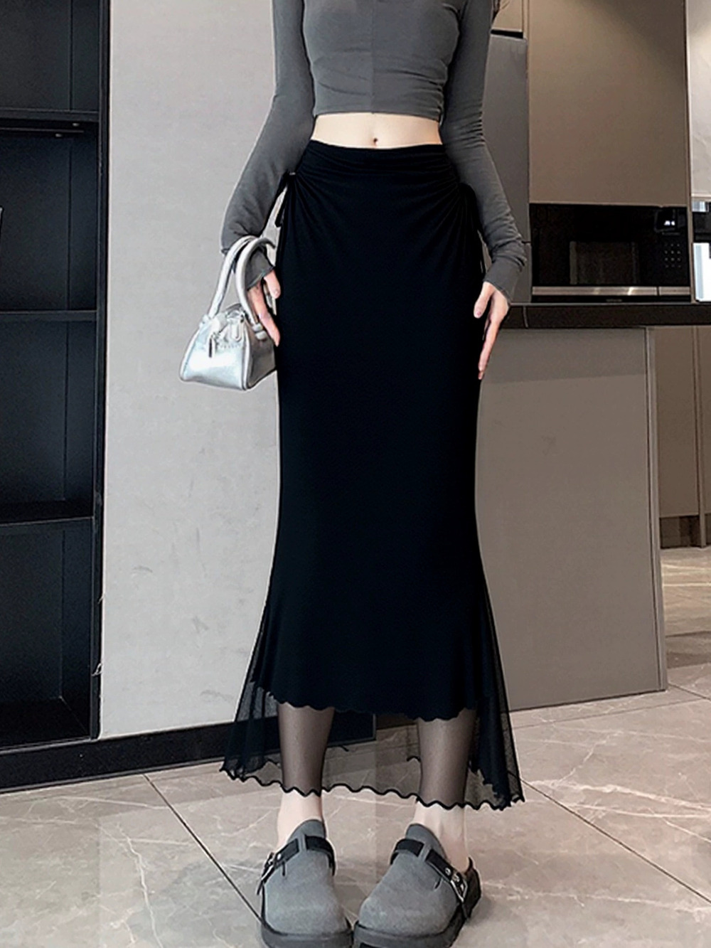 ZARA Black Fishtail Skirt Women Summer Hip Tie Sexy Long Skirt